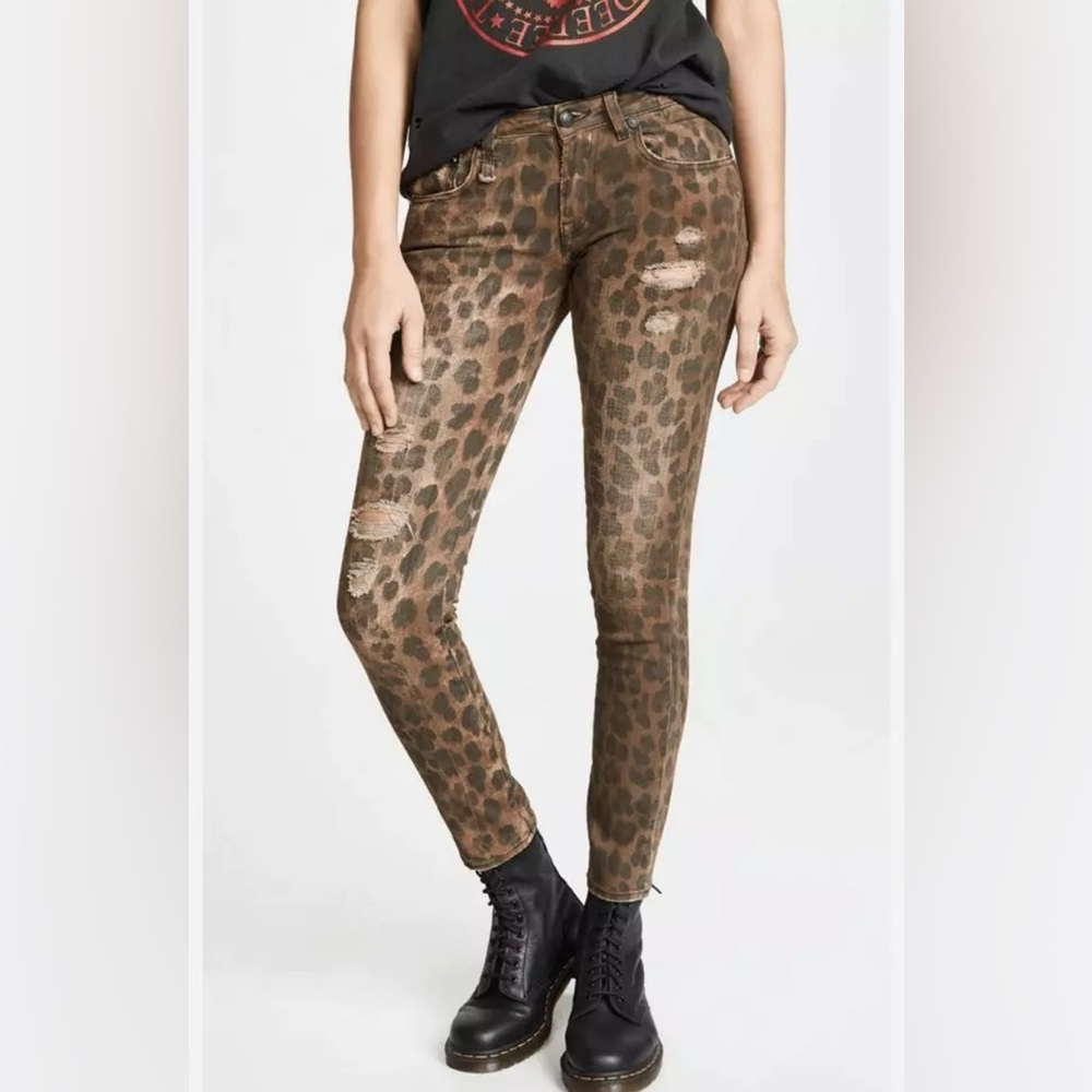 R13 Kate Skinny Jeans Leopard Print Distressed Denim Made In Italy Size 29